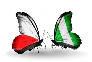 Two butterflies with flags on wings as symbol of relations Poland and Nigeria